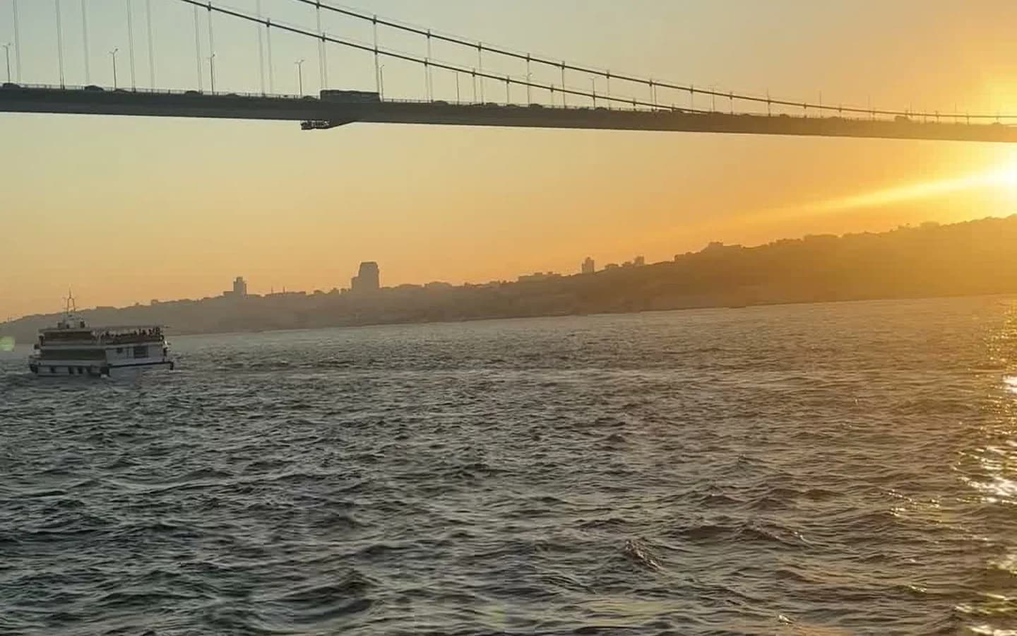Illuminated Bosphorus skyline after dark with Ortaköy Mosque and the first bridge reflecting on the water