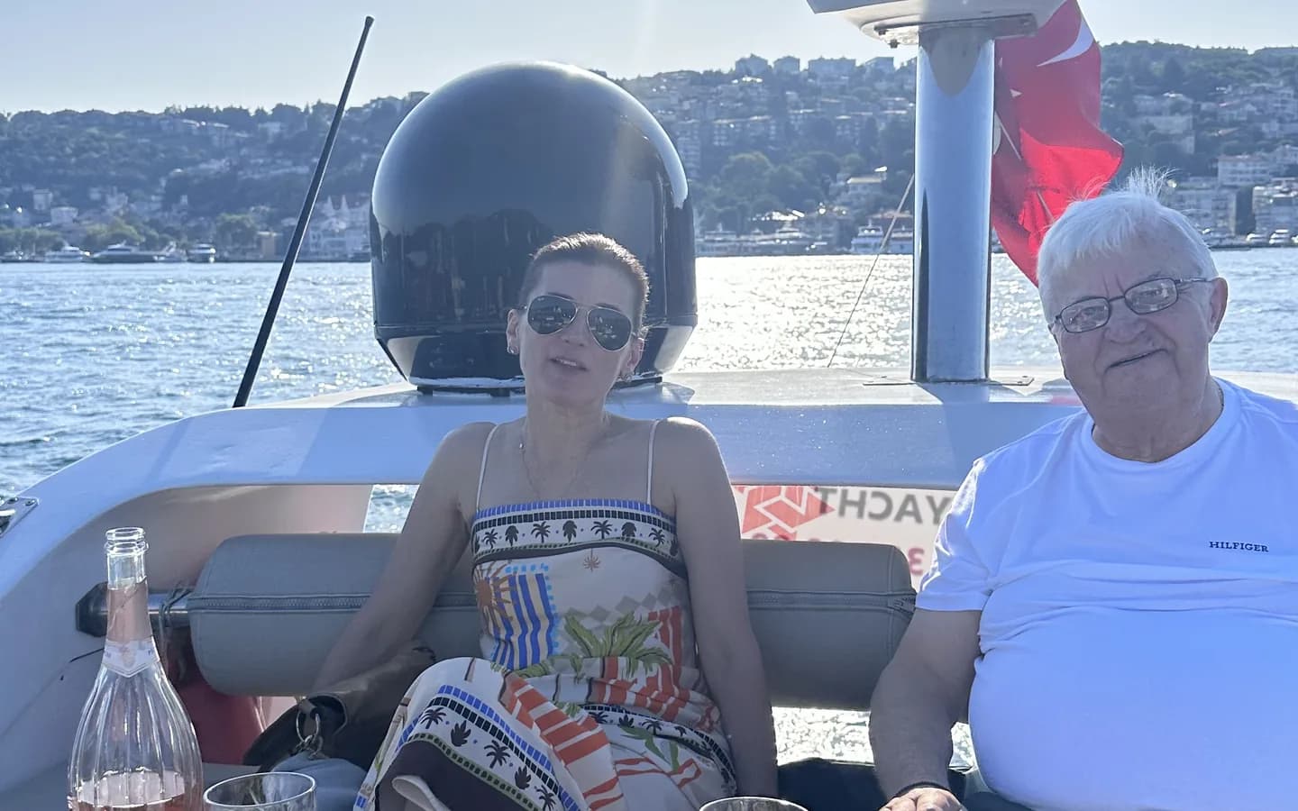Panoramic view of the Bosphorus with Istanbul city skyline and cruise boats on the water